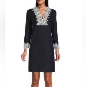 PRESTON AND YORK Tabitha Navu Stretch Linen Split Neck Dress White Lace Trim